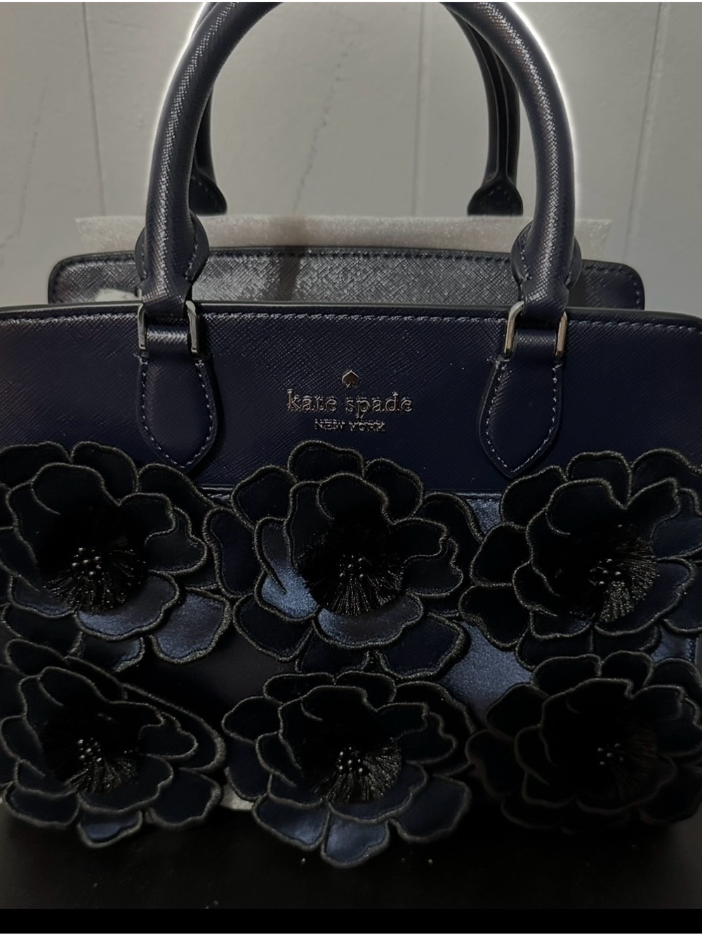 kate spade Navy Floral Appliqué Satchel with Black Flowers